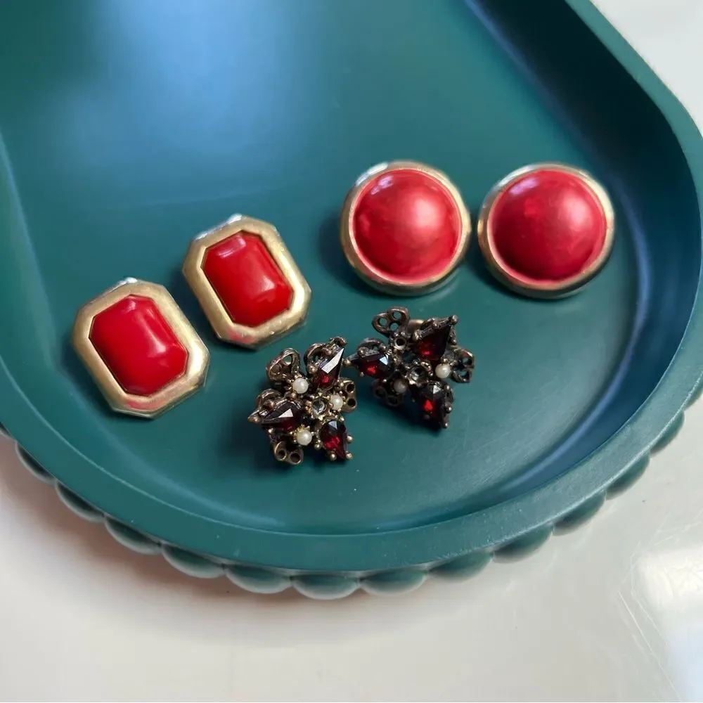 3 Pairs Vintage Mixed Decades 1960s-1980s Red Toned Clip Earrings Lot